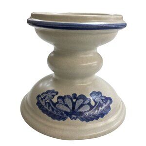 Vintage Stoneware Candle Holder With Handpainted Blue Floral Design